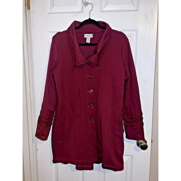SOFT SURROUNDINGS Rachel Embroidered Burgundy Stretch Button Down Coat - Picture 5 of 15